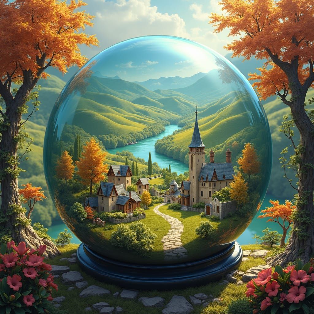 Fantasy Village in Glass Crystal Ball