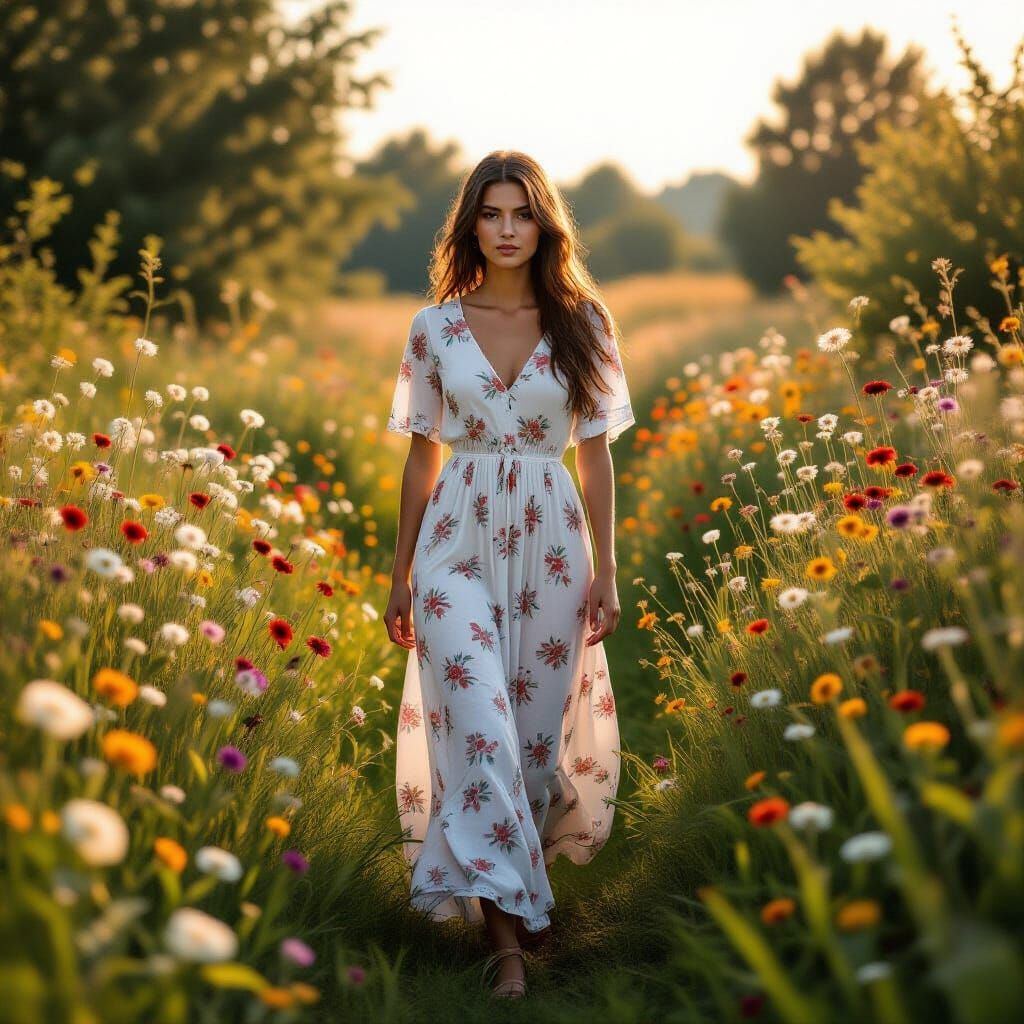 Young Woman in Floral Dress Walking in Garden