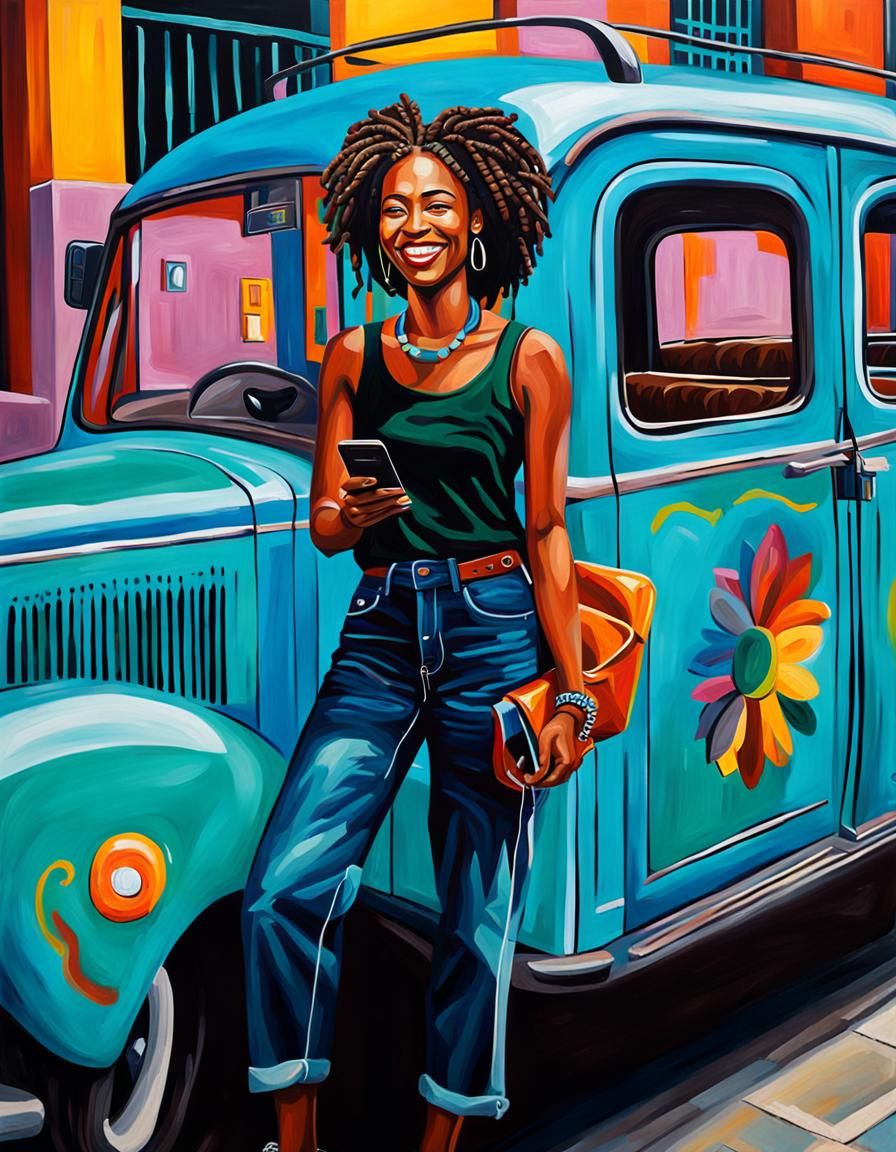 Smiling Woman in Uber as Street Art Oil Painting