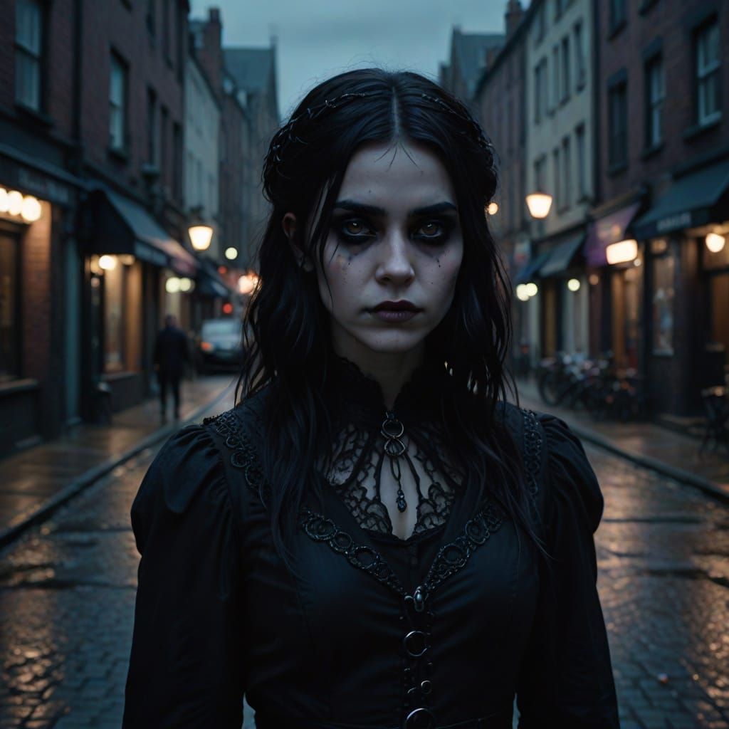 Shy Goth Girl in Moody Streetlight