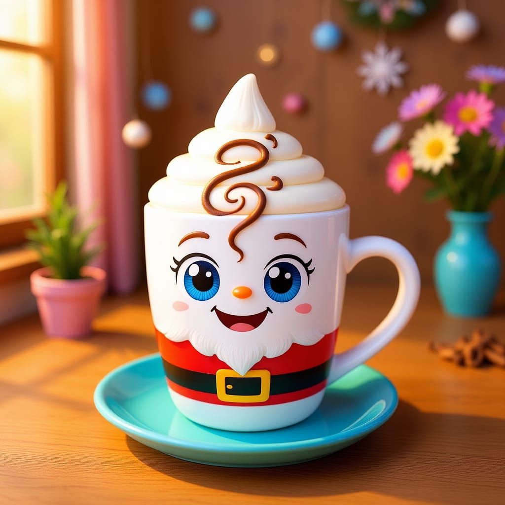 Animated Santa Coffee Mug in Cozy Kitchen