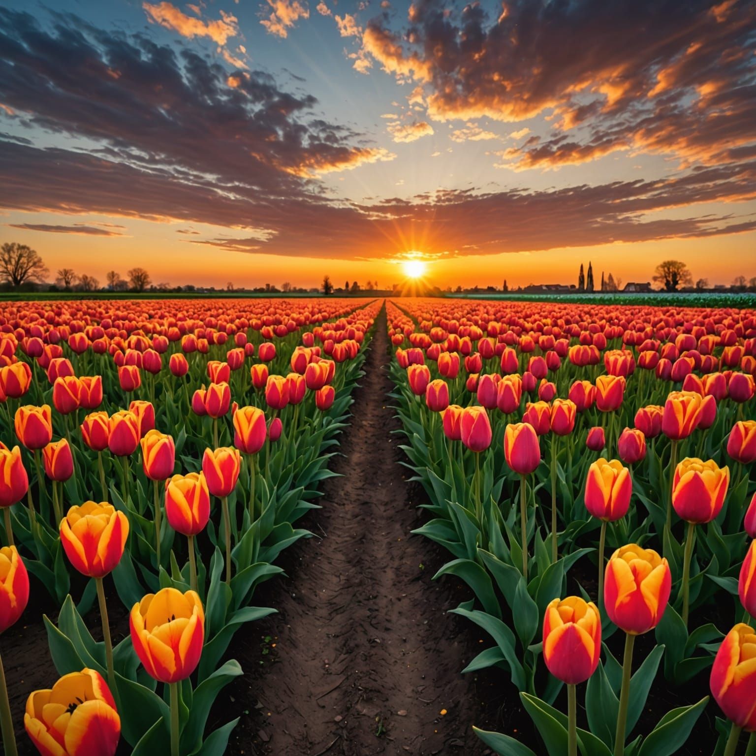 Sunset Over a Beautiful Tulip Field