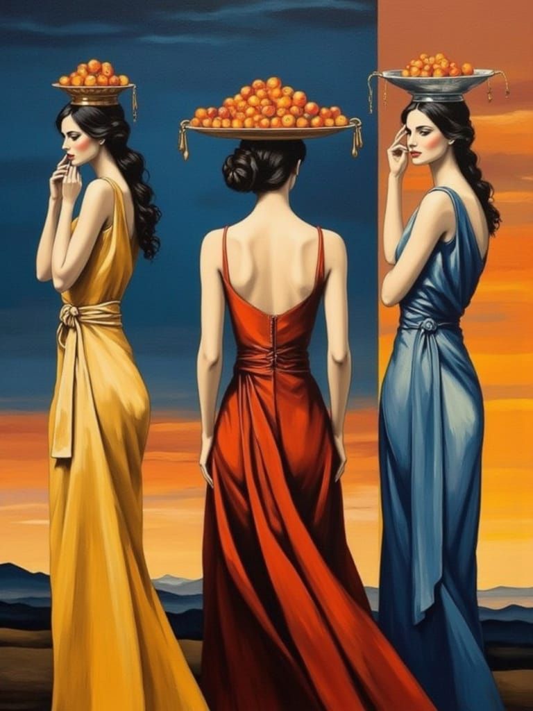 Surreal Goddesses with Orange Fruit and Gradating Dresses