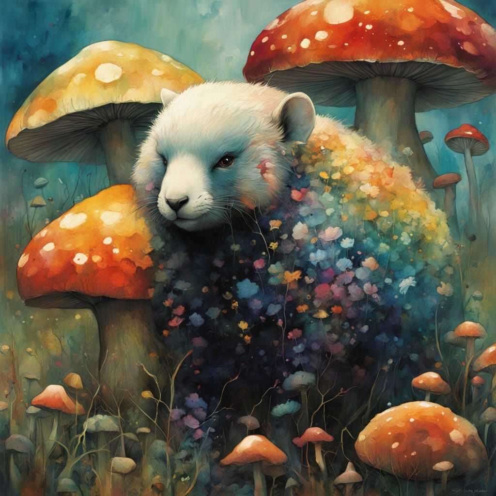 Rainbow Bug Playing in Mushroom Field