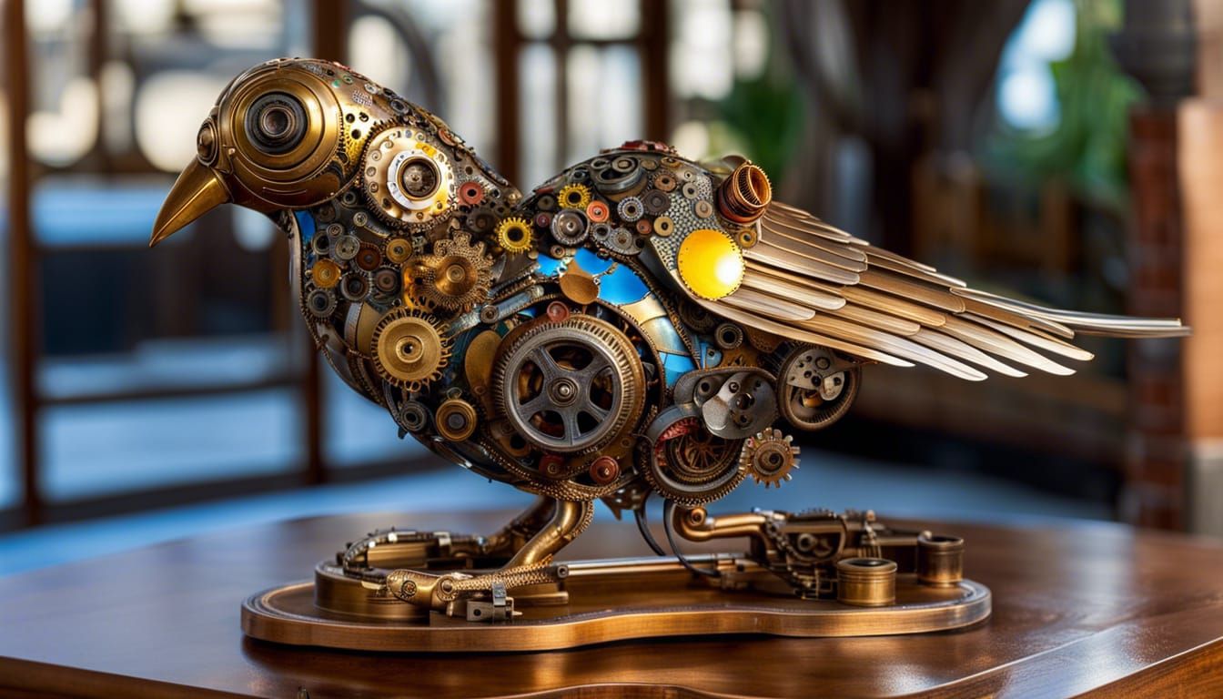 Steampunk Bird Statue Made of Recycled Metal