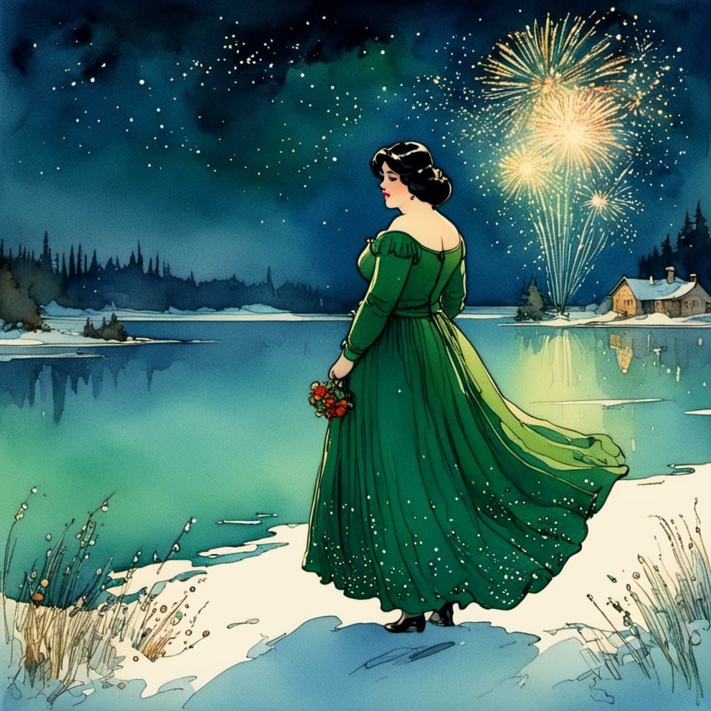 Romantic Watercolor: Woman in Snowy Field with Fireworks