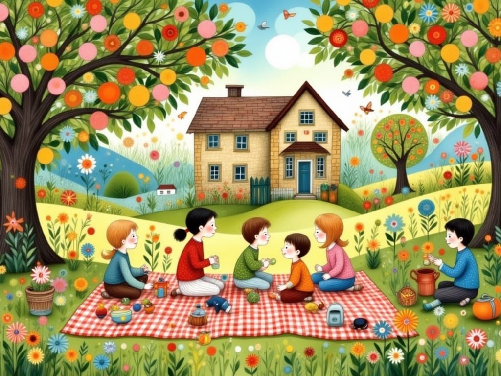 Whimsical Fairytale Garden Scene in Folk Art Style