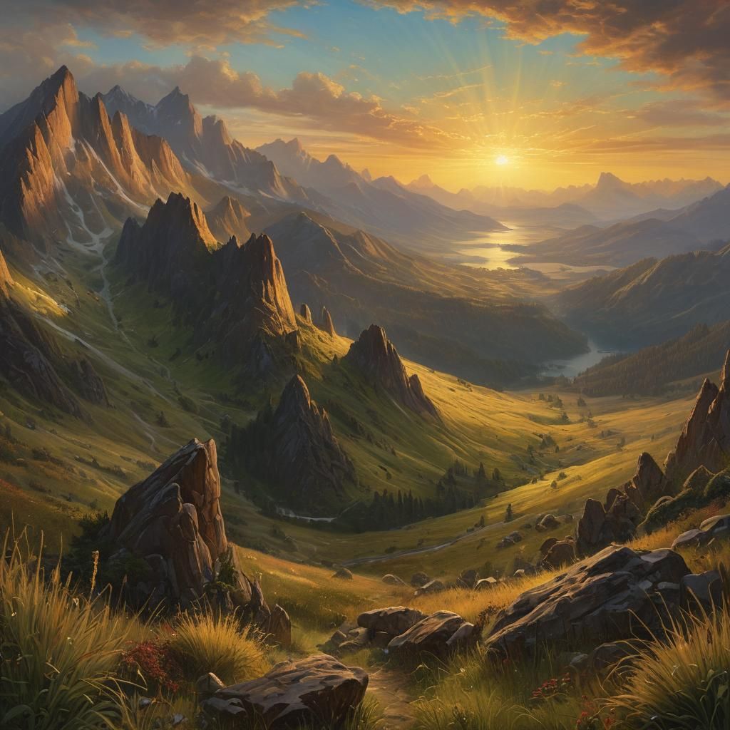 Majestic Landscape Painting with Sunburst
