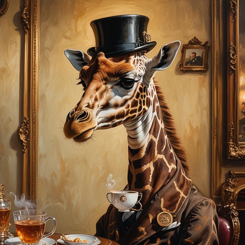 Giraffe Sipping Tea in Dutch Masters Style
