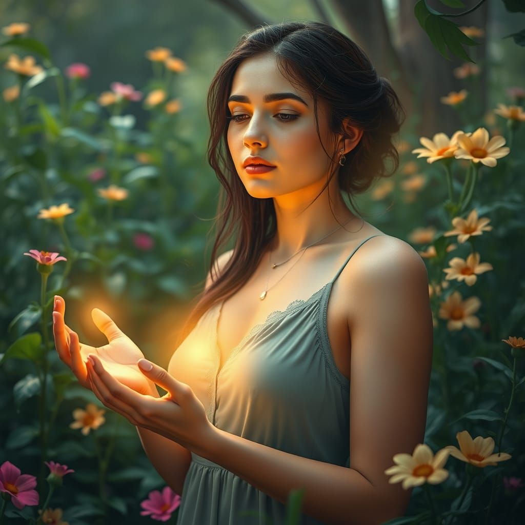 Woman Surrounded by Nature's Radiant Energy