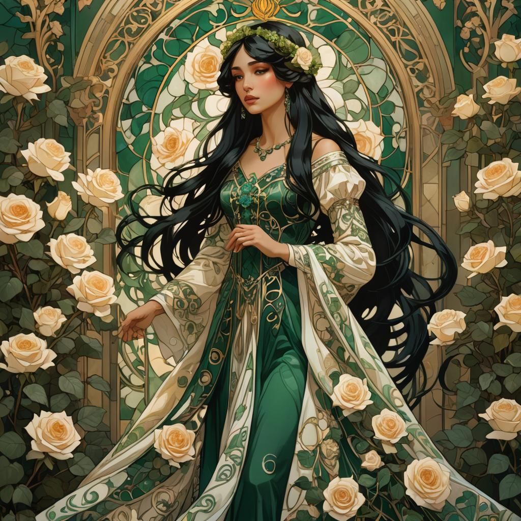 Art Nouveau Girl in Christmas Flower Dress