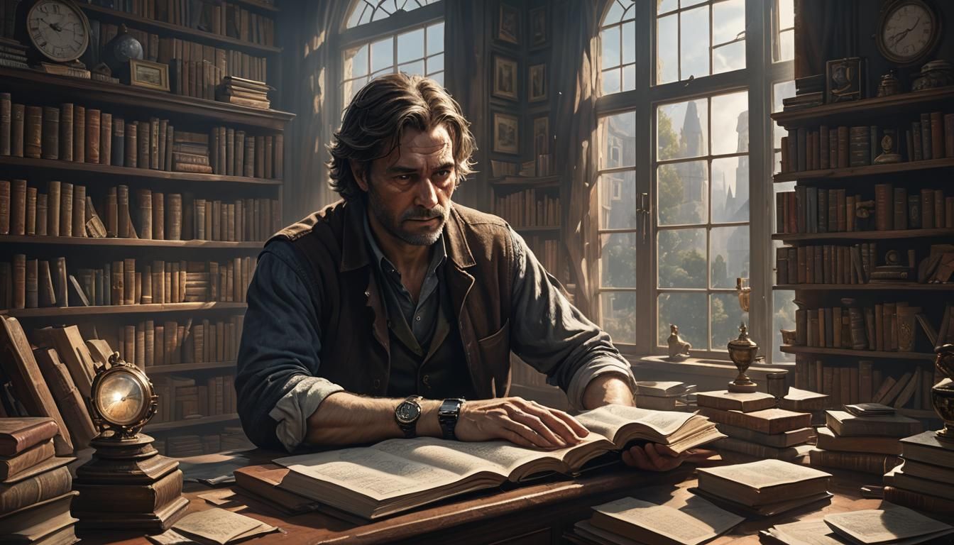 Intricate Dark Fantasy of a Man and Hidden Watch