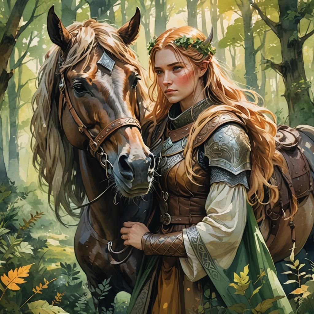Fantasy Viking Girl and Horse in Summer Forest