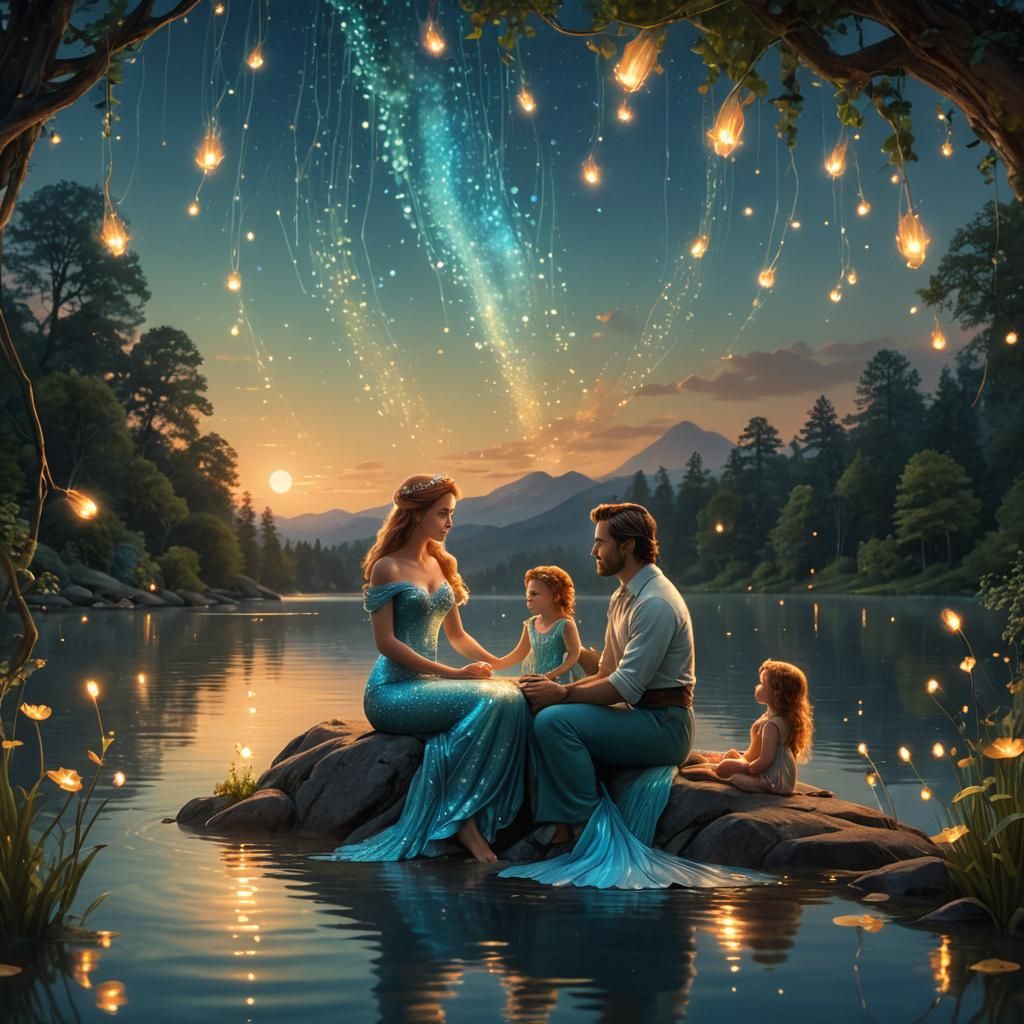 Princess Mermaid at Lakeside with Family