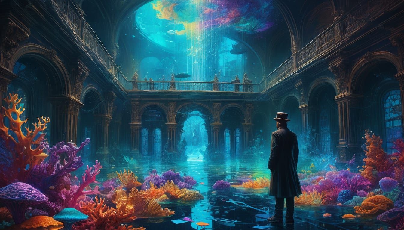 Ethereal Underwater Concert Hall with Bioluminescent Synthes...