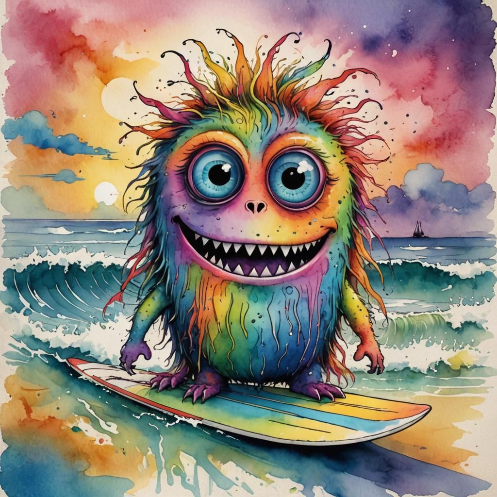 Charming Rainbow Monster Surfing: Watercolor Masterpiece