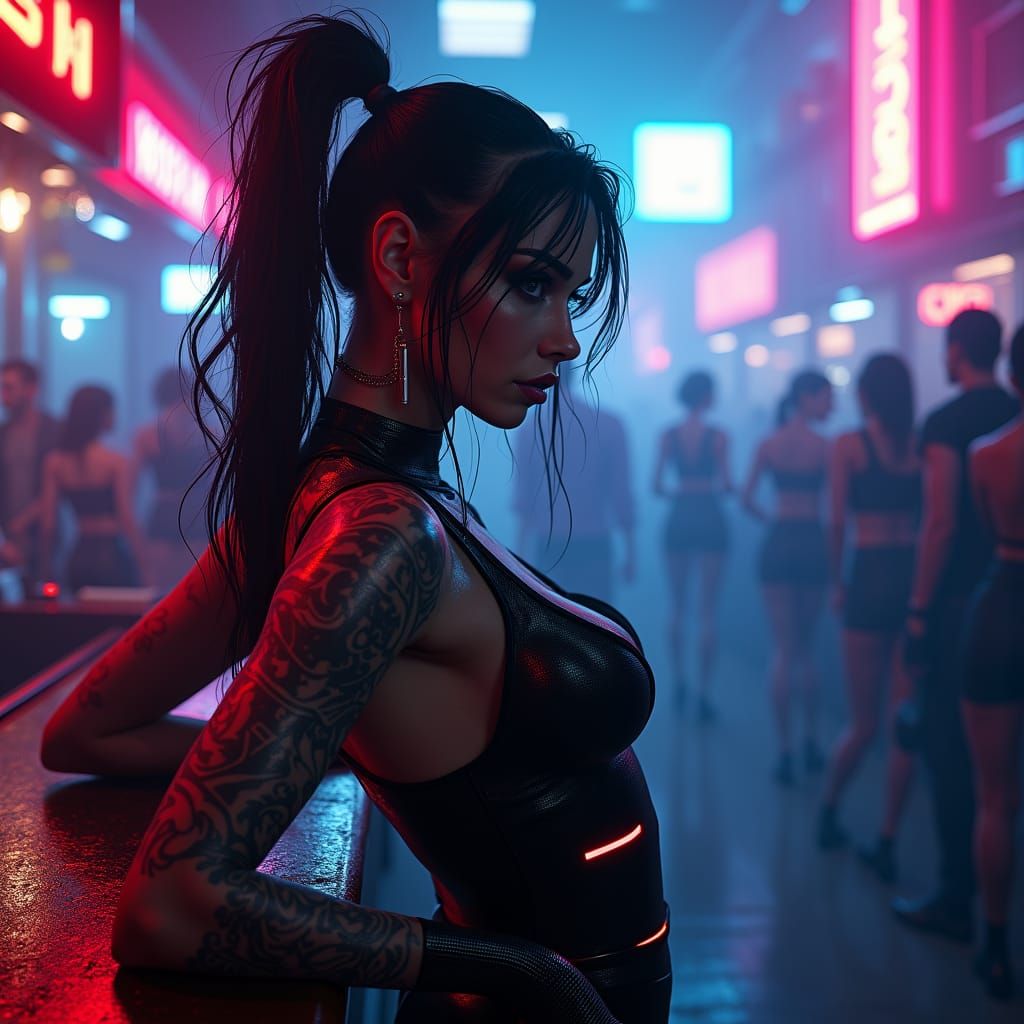 Sultry Cyberpunk Netrunner in Neon-Lit Club