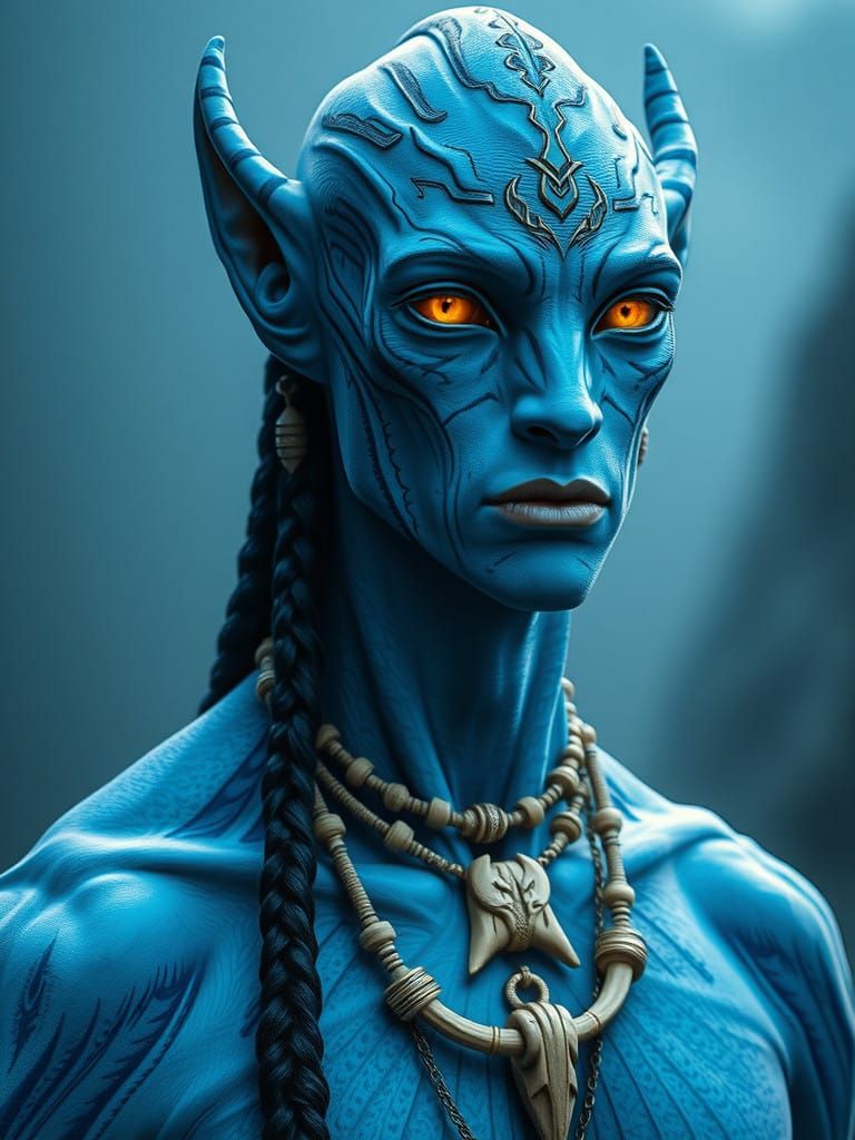Blue Na'vi Male with Golden Eyes in Digital Art Style