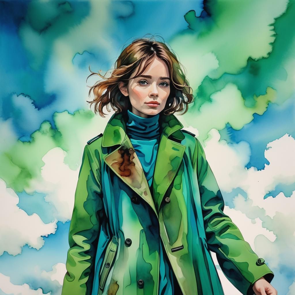 Alcohol Ink Woman in Green Coat and Blue Sky