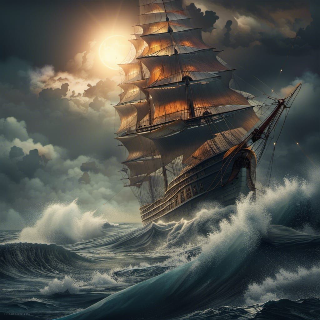 Sailing Ship Navigating a Furious Sea