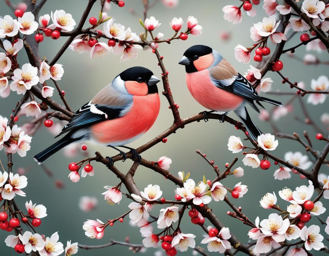 Bullfinch in Cherry Tree, Intricate Natural Illustration