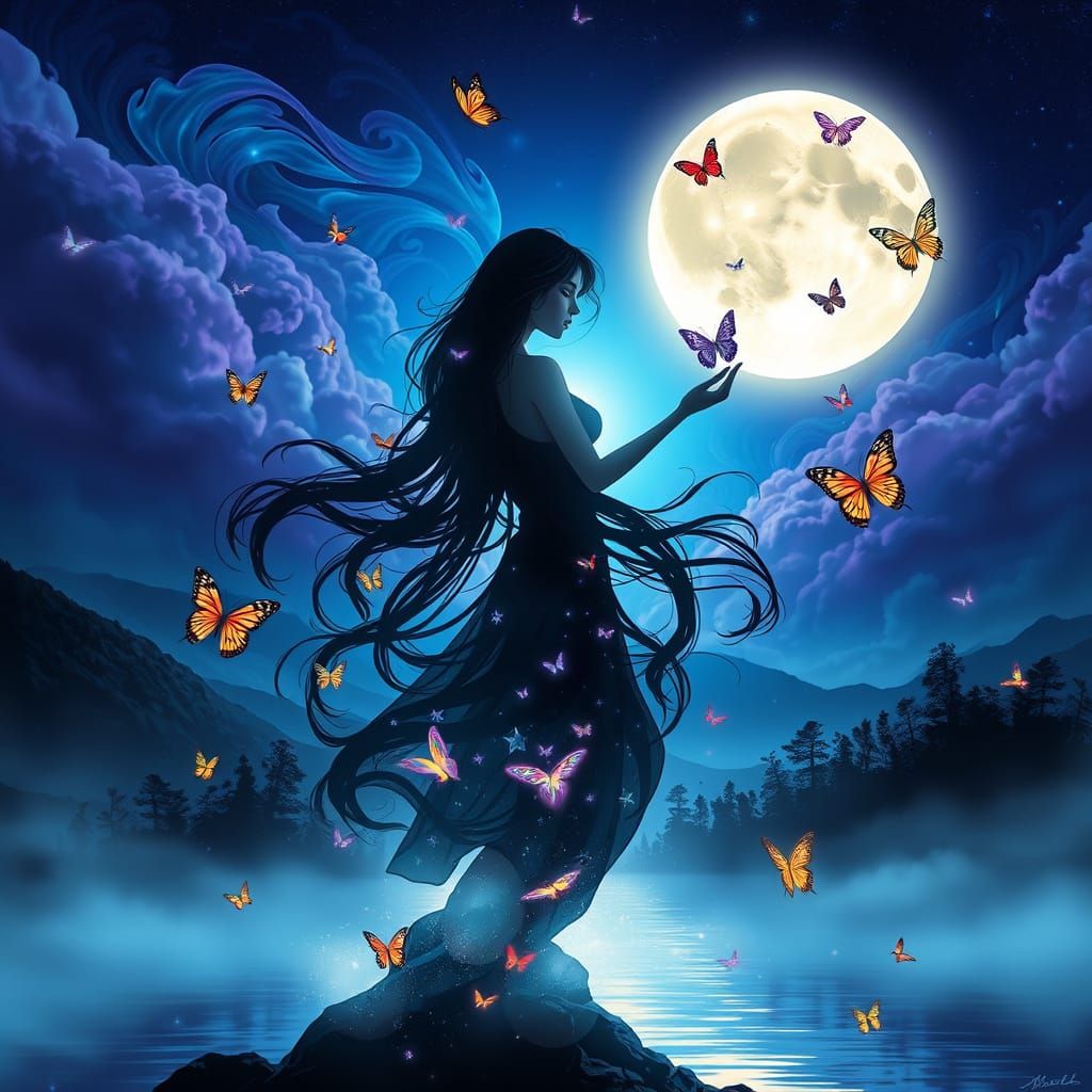 Ethereal Moonlit Goddess with Butterflies and Swirling Cloud...