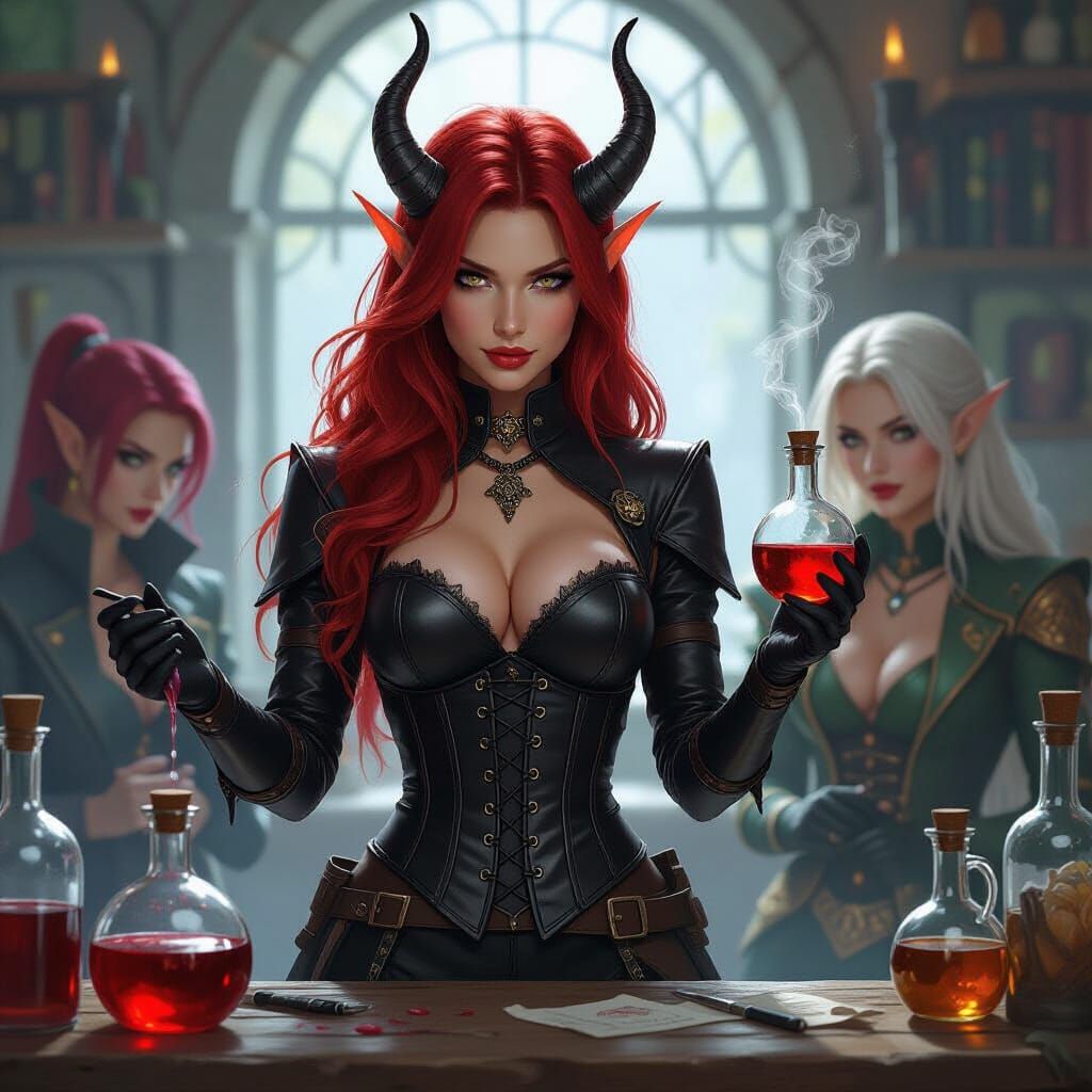 Tiefling Alchemist and Adventurers in Dark Fantasy Style