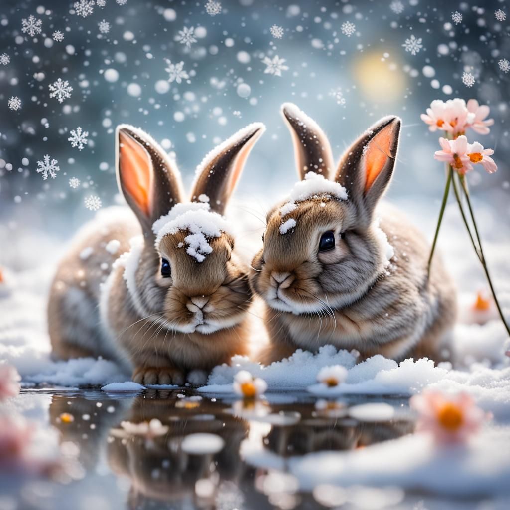 Sleeping Baby Bunnies in a Snowy Spring Landscape