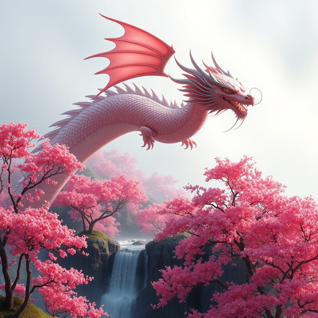 Surreal Chinese Dragon Soars Above Vibrant Pink Landscape wi...
