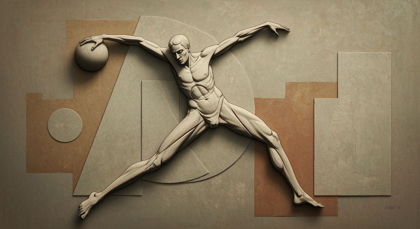 Cubist Discobolus in Bas-Relief with Geometric Shapes