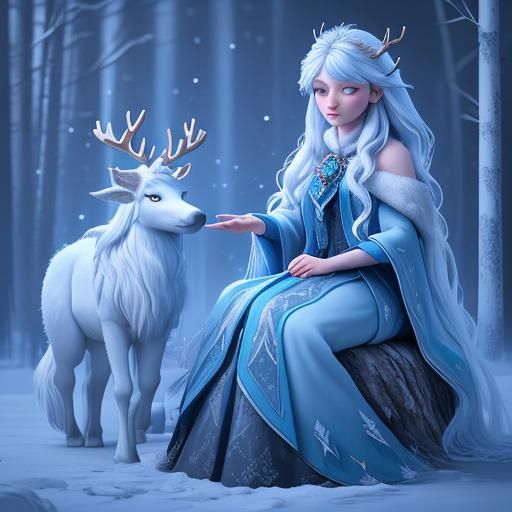 Winter Fairy and Reindeer in Snowy Forest
