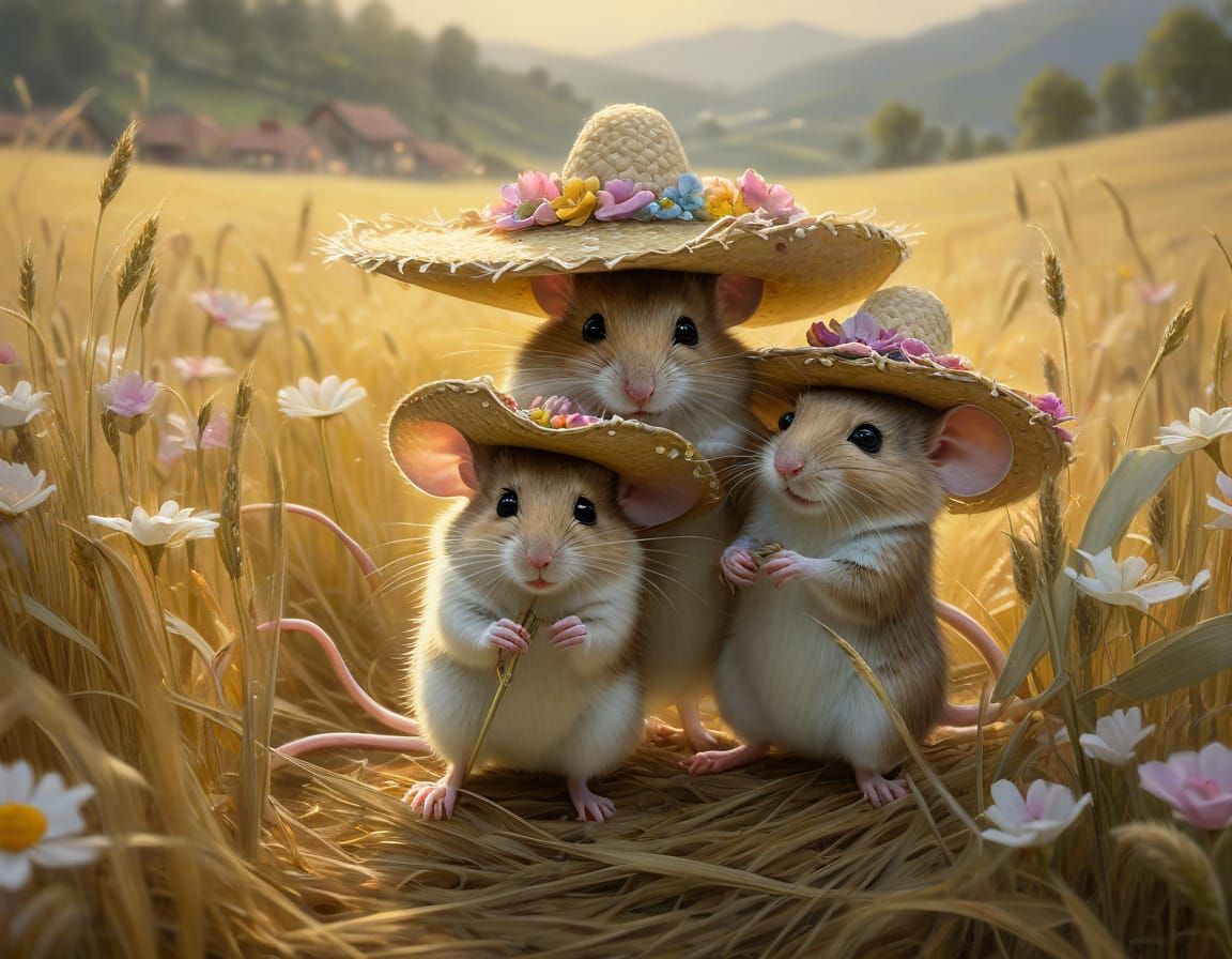 Mice in Sombreros in Barley Field as Oil Painting