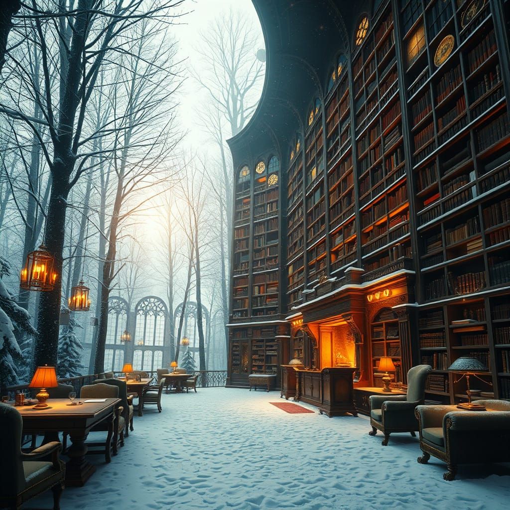 Mystical Library in Snowy Forest