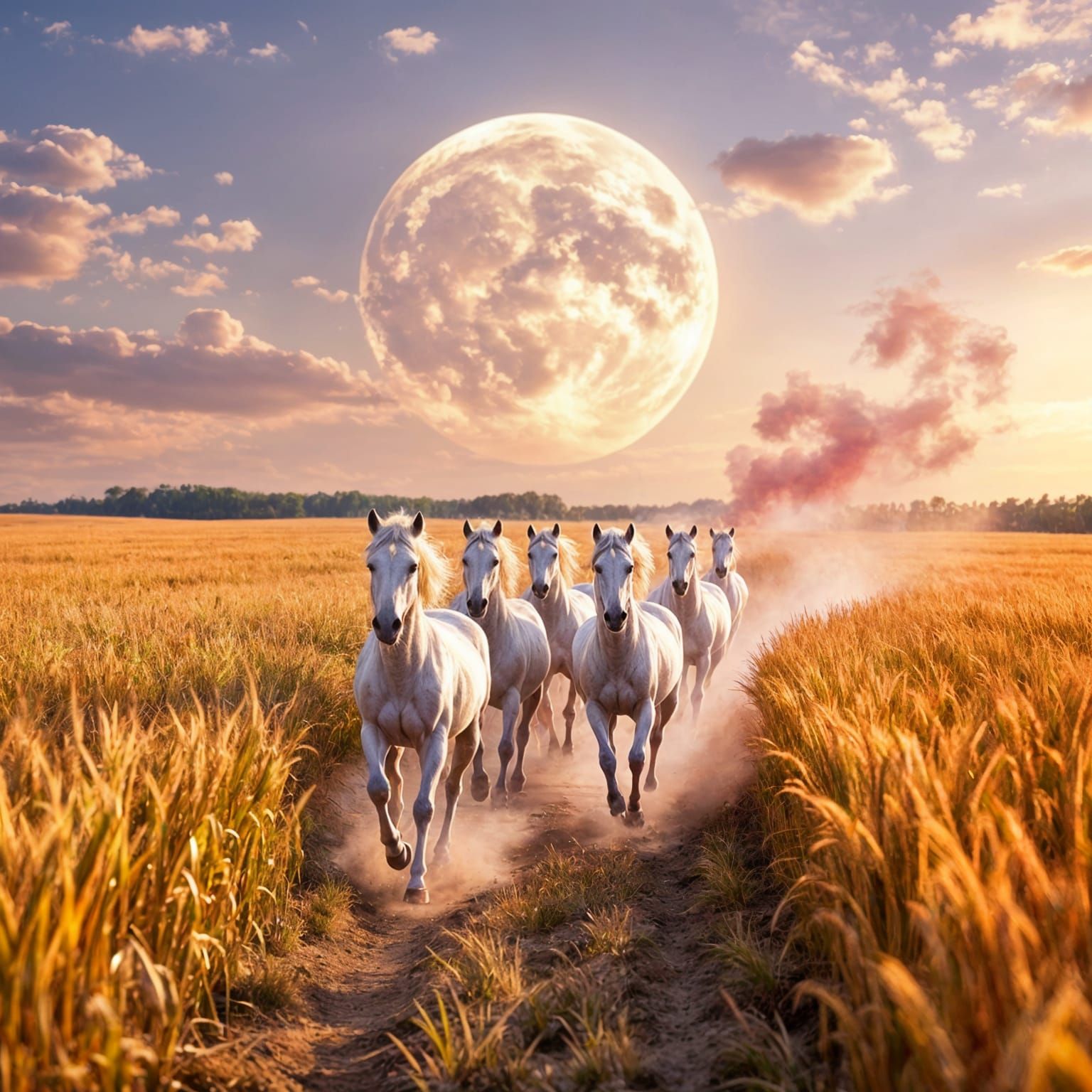 Magical Scene of White Horses Running Through Golden Field
