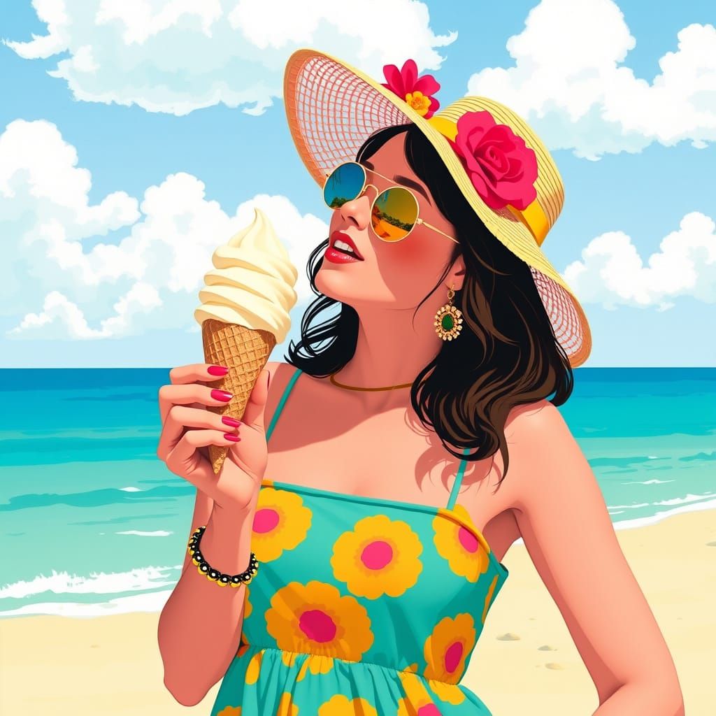 Woman Enjoys Ice Cream in Playful Pop Art Style