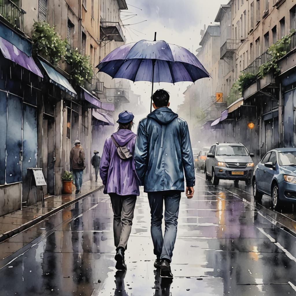 Man Walks in Rain: Watercolor and Ink Art