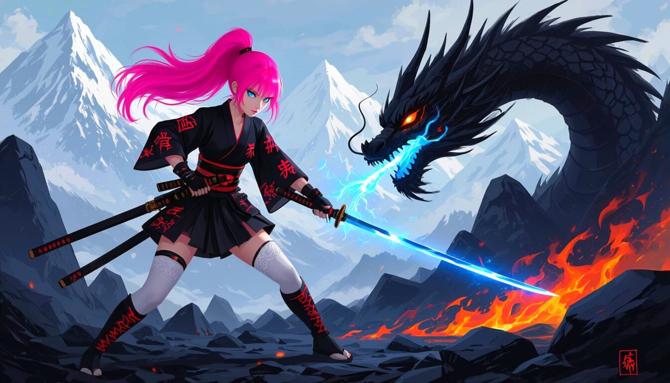 Samurai Girl Battles Dragon in Dark Fantasy Realism