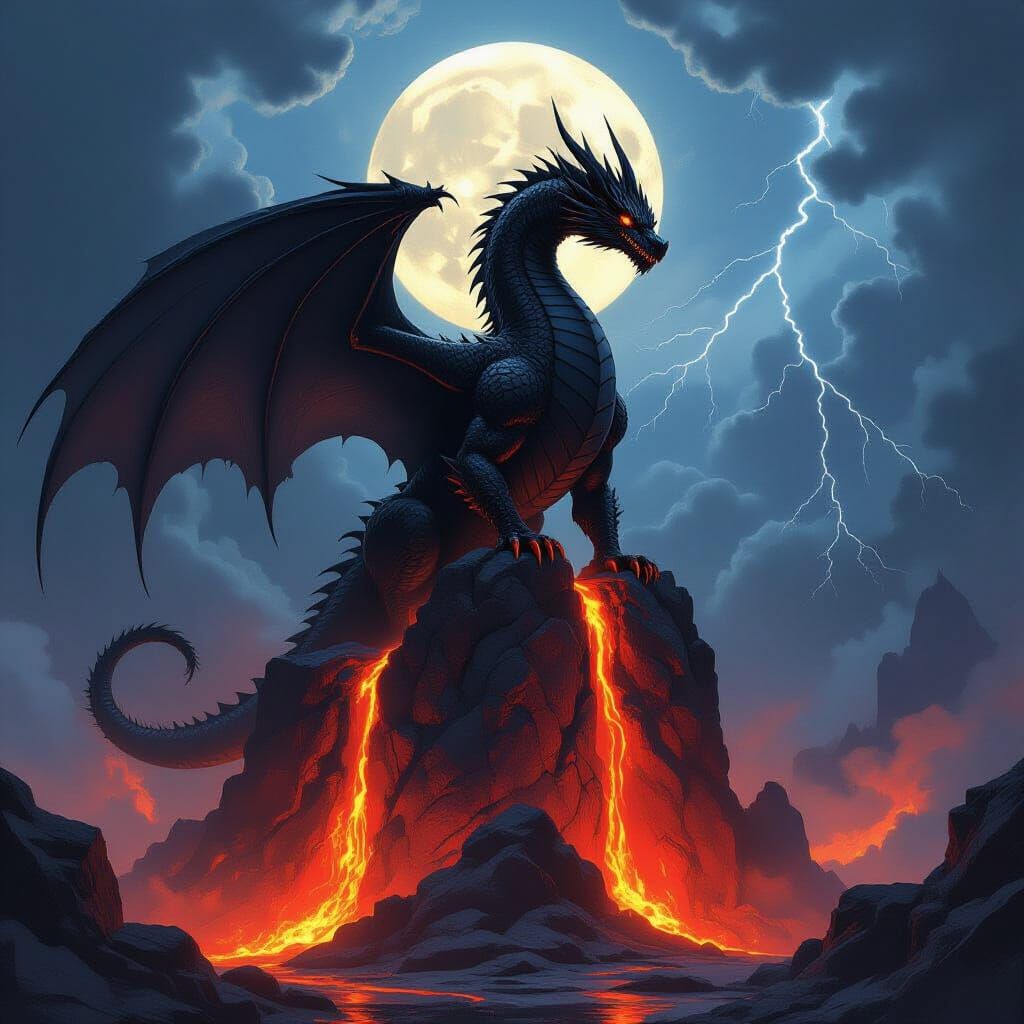Menacing Black Dragon on Rock Amidst Lava and Storm