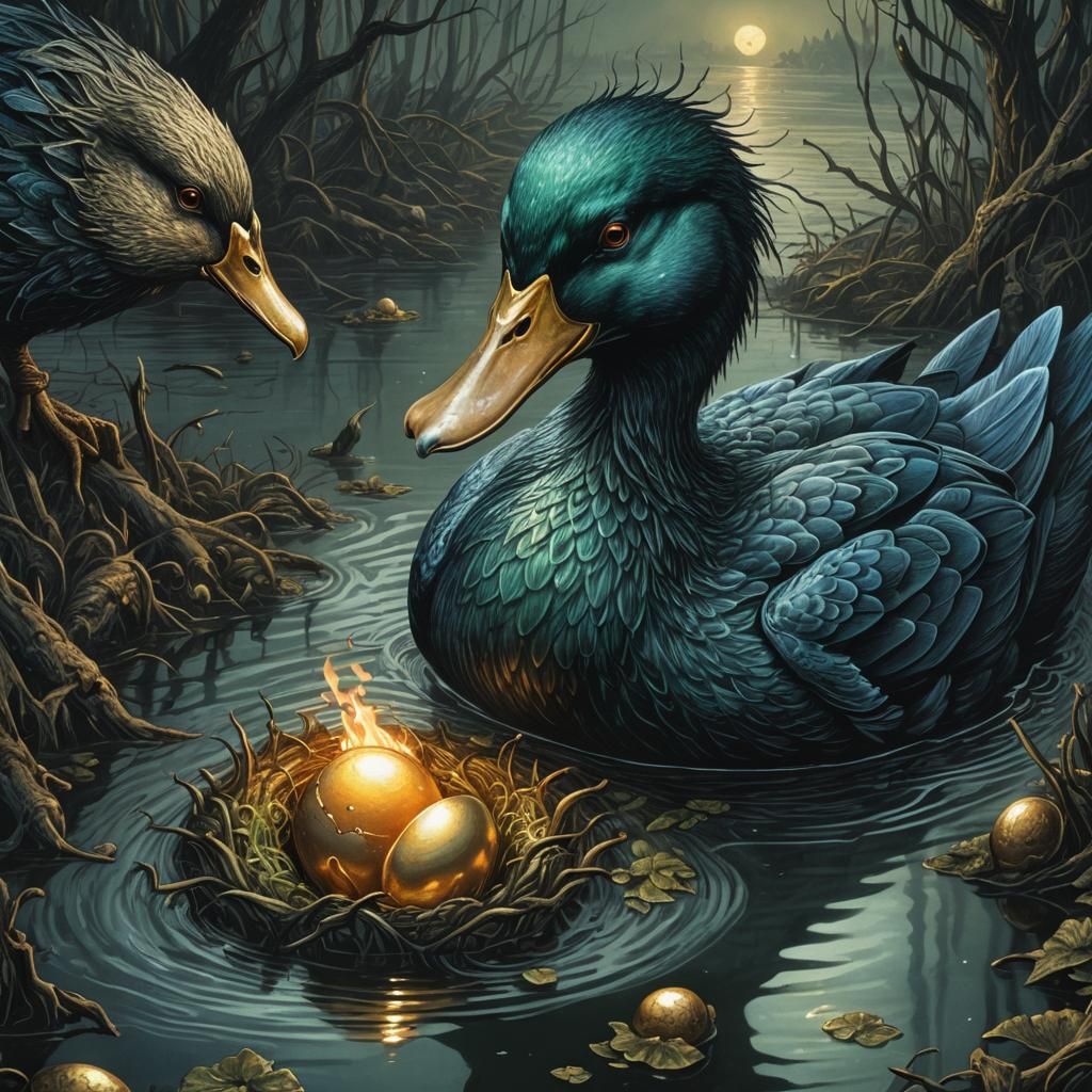 Demonic Duck Swallowing Golden Egg in Dark Fantasy