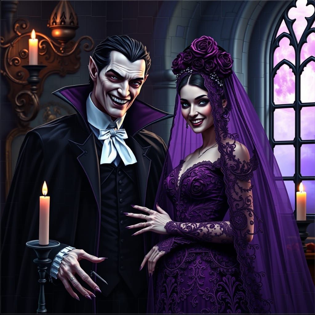 Ethereal Vampire Couple in Gothic Castle at Night
