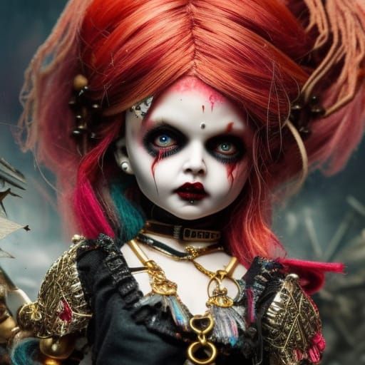 Sinister Doll in Junkyard: Detailed Fantasy Horror