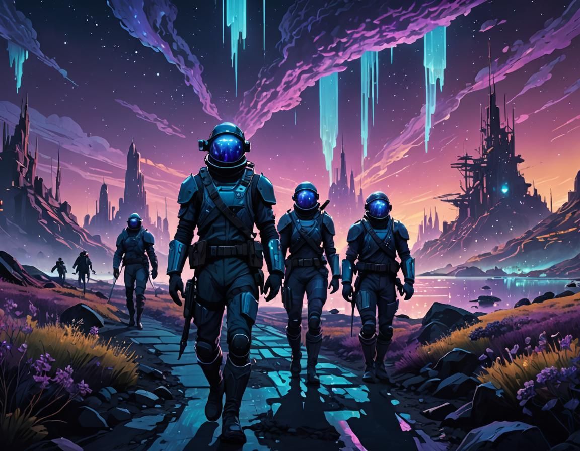 Colonists in Bioluminescent Sci-Fi City at Night