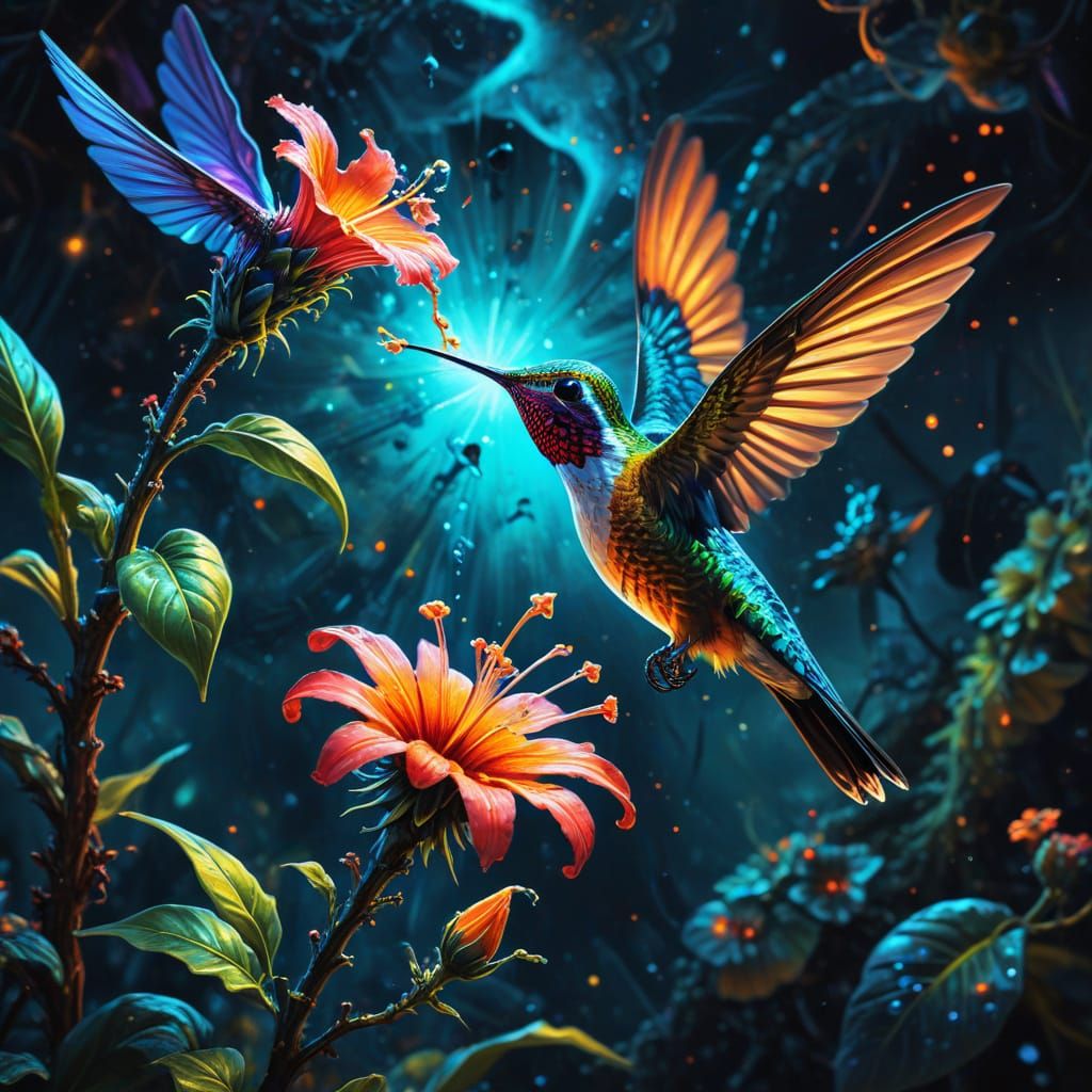 Clockwork Hummingbird in Surreal Dreamscape: Oil Painting