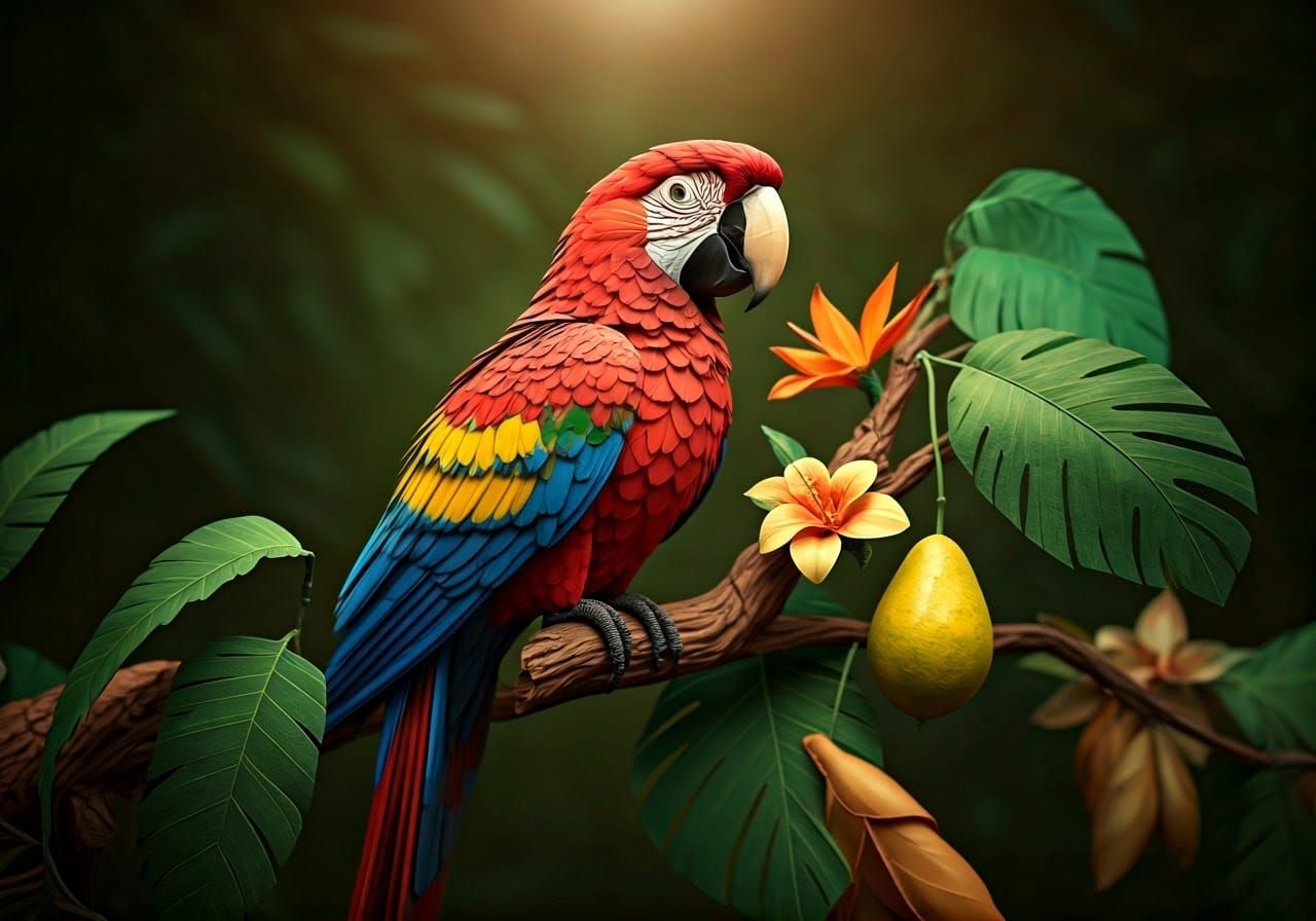 Origami Macaw with Flowers and Fruit