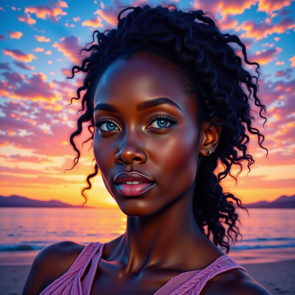 Ebonie Woman in Golden Twilight Sky