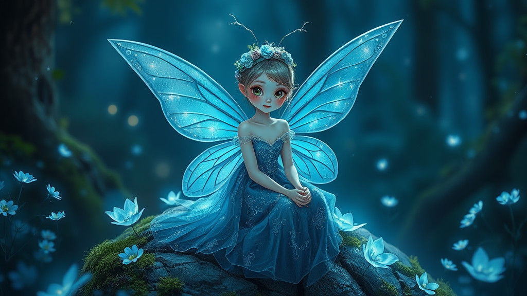 Blue Fairy in Enchanted Forest with Glowing Flowers