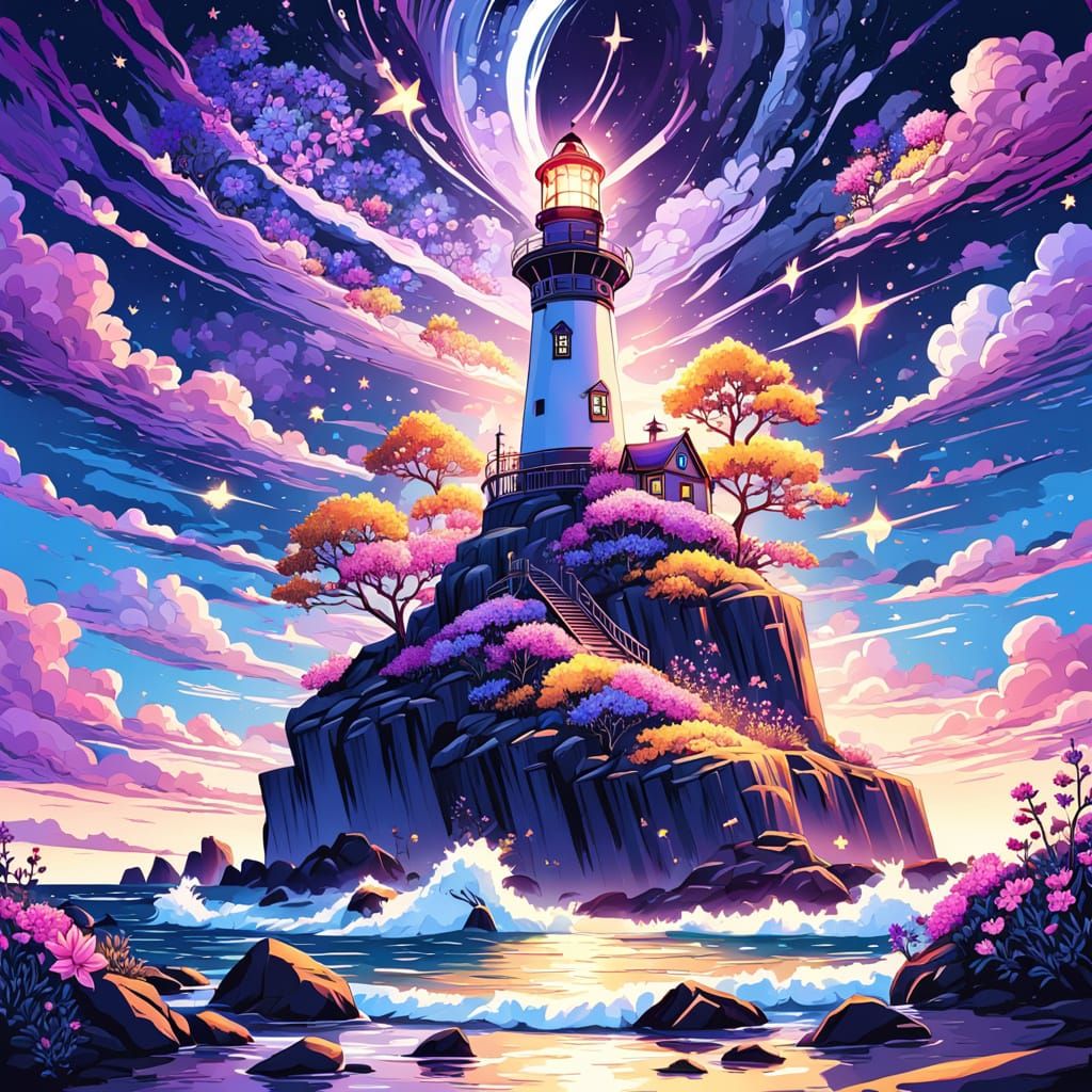 Fantasy Star Lighthouse on Rocky Coast at Sunset
