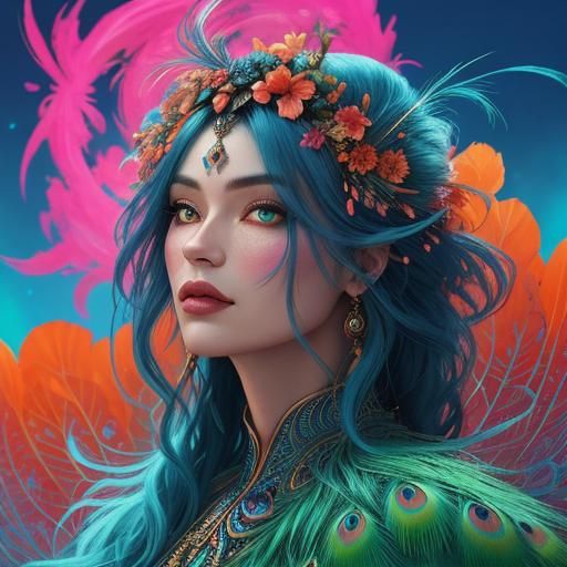 Fantasy Woman with Peacock Feathers, Matte Painting
