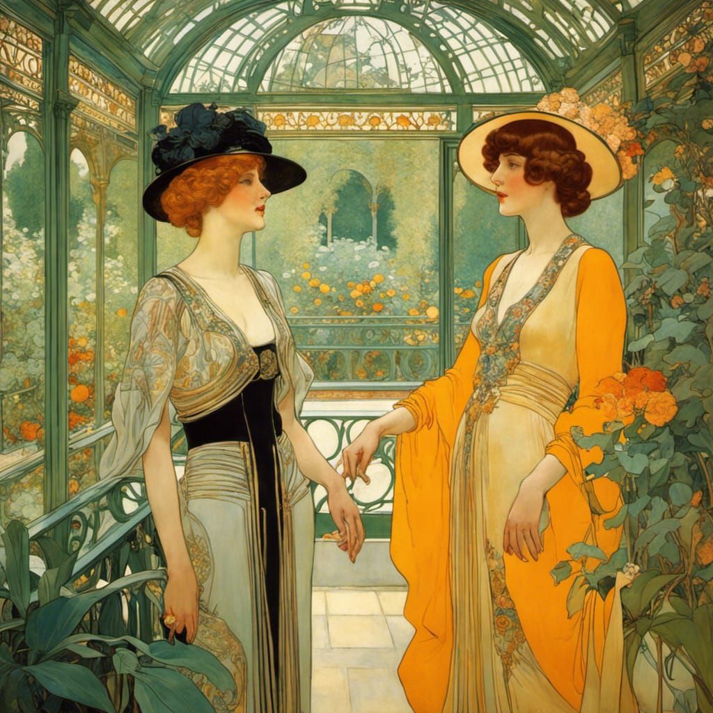 Elegant Women in Art Nouveau Garden Setting