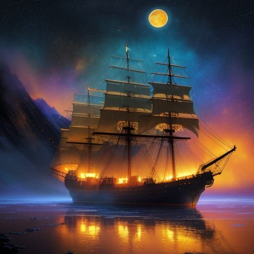 Ship Sails Through Molten Skies: Dreamy Oil Painting